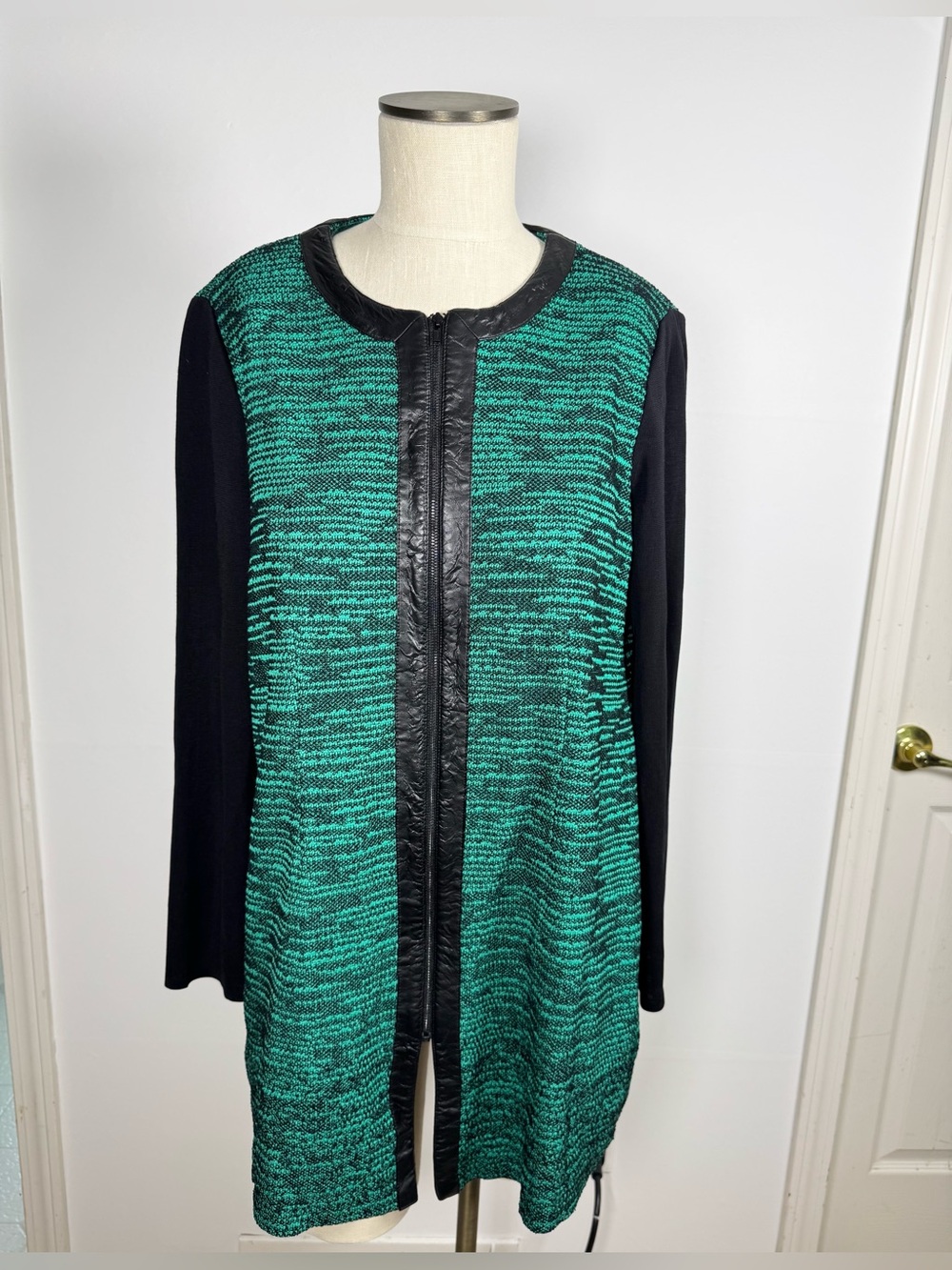 MISOOK Marled Green Faux Leather Lightweight Longline Full Zip Jacket Sz S